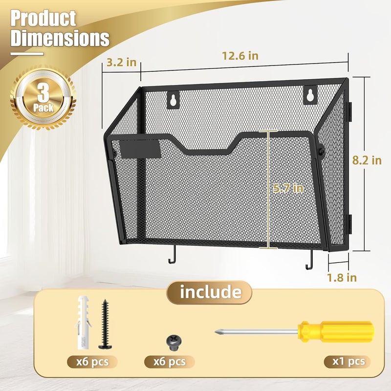 Docnest 3 Pack Hanging Wall File Holders, Mesh Wall Letter File Holder, Wall Mounted Mail Paper Document Folder Holder with Hooks for Office, Home, School, Black - Image 2